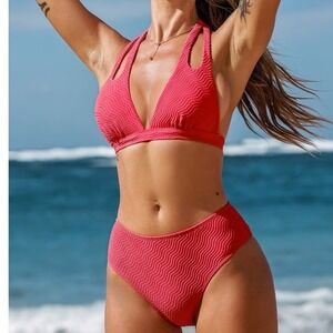 Cupshe Coral Pink Textured Halter High Waist Bikini Set SZ L Summer Beach Cruise
